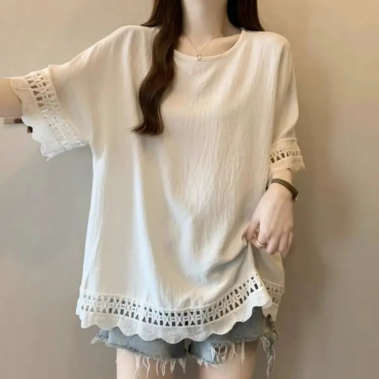 Lace Hollow out Texture ort Sve Women's T-irt Summer plus Size Conceals Belly Slimming Faionable Top Korean Sle