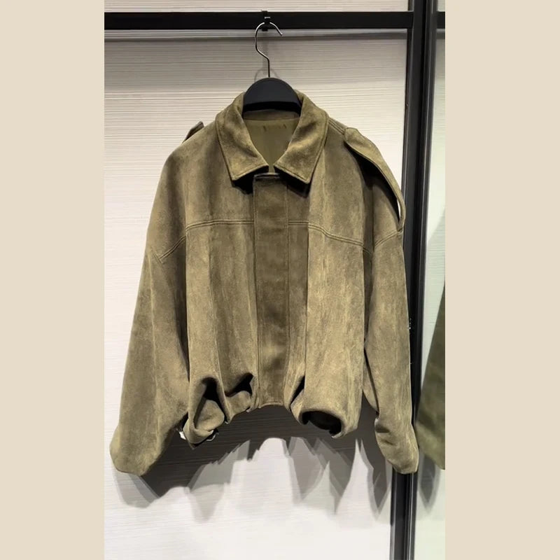 Street Women's Suede Bomber Jacket Fashion Lapel Zipper Full Sleeve Female Coats 2025 Spring Lady Casual Commute Vintage Outwear