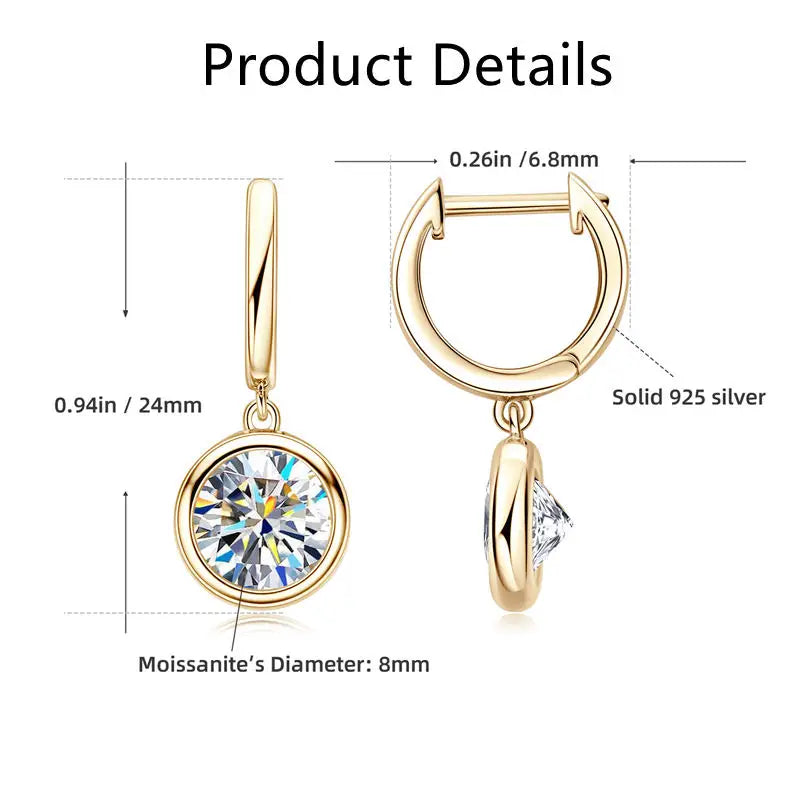Lnngy 925 Sterling Silver Dangle Earring 1CT 2CT Round Bezel Setting Moissanite Drop Earrings For Women Girl Birthday Party Gift