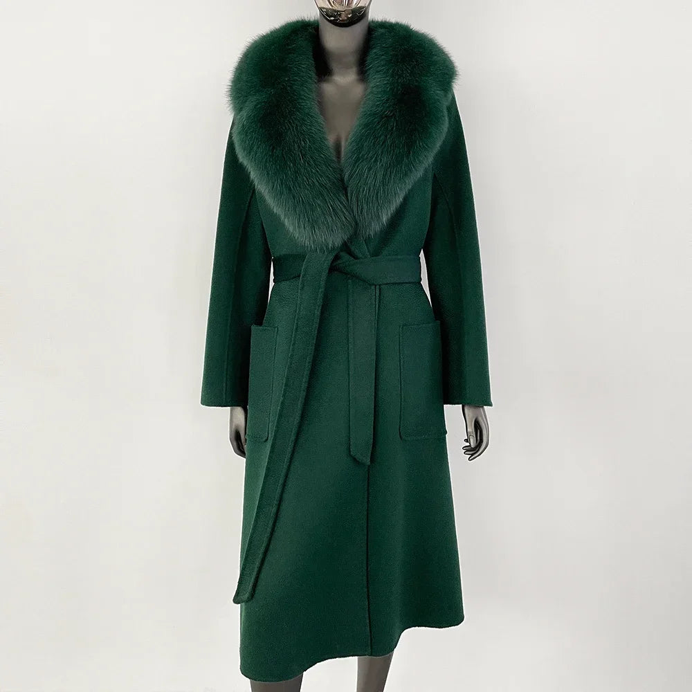 GENHUA 2025 New Casual Fur Coat for Ladies Winter Wool Long Fur Ladies Natural Real Fox Fur Collar Jacket for Ladies Warm Coat