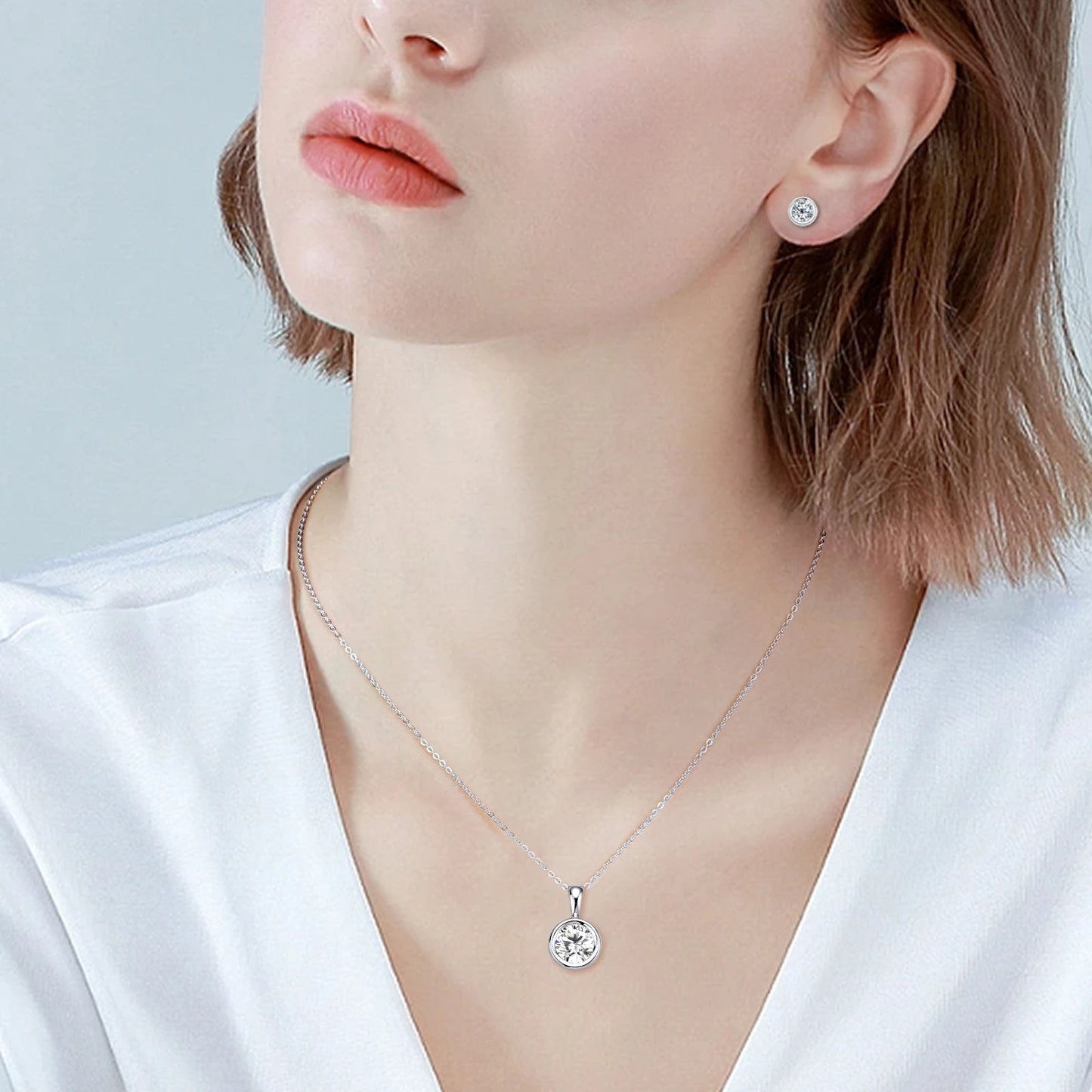 Anziw 925 Silver Set 2ct Moissanite Pendant Necklace 1ct 0.5ct Stud Earrings 18K Gold Plated Jewelry Sets for Women Wedding Gift