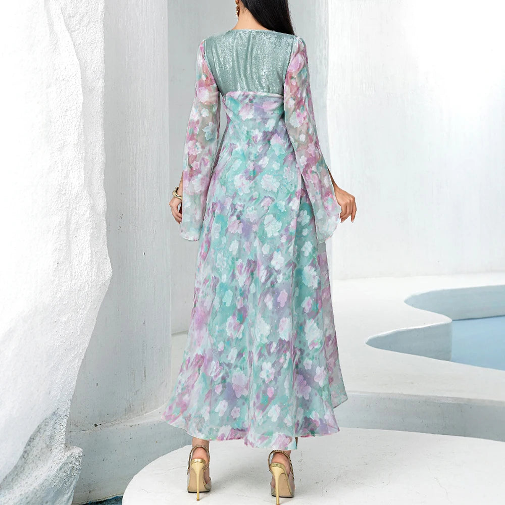 Rafiah Summer Dress 2025 Women's Elegant Embroidered Flares Long Sleeve V-Neck Dating A-Line Long Arabian Dress