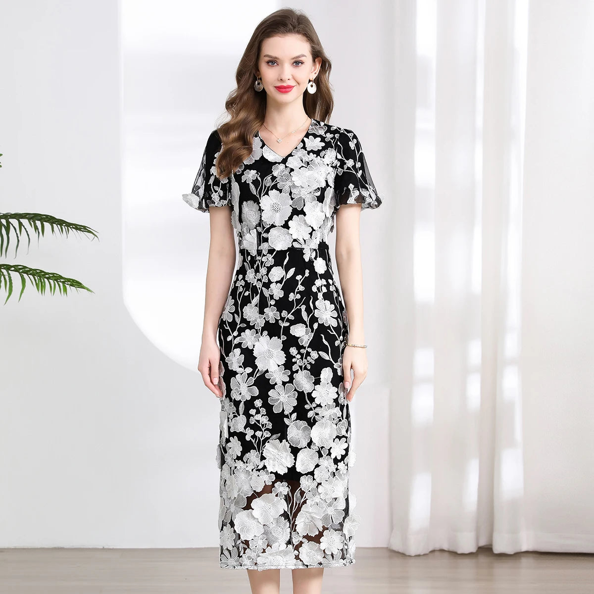 Summer High-end Embroidery Lace Prom Dress Women French Luxury 3D Flower Short Sleeve Long Dress Party Bodycon Holiday Vestido