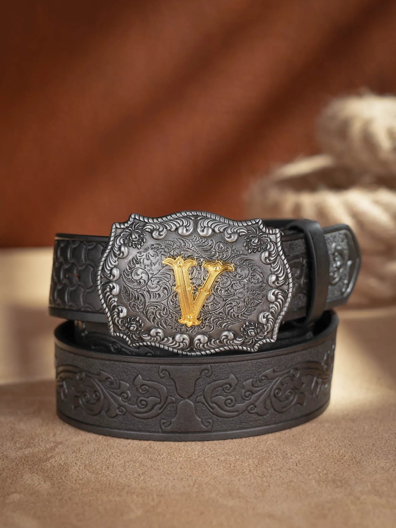 Western Cowboy PU Leather Belt - Men Waist Strap Bull Decoration Floral Engraved for Jeans