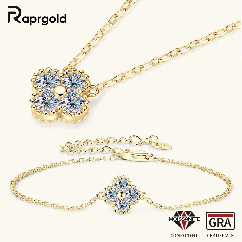 RAPRGOLD GRA Moissanite Four Clover Flower Charm Pendant Necklace Bracelet Set for Women S925 Sterling Silver Fine Jewelry Gifts