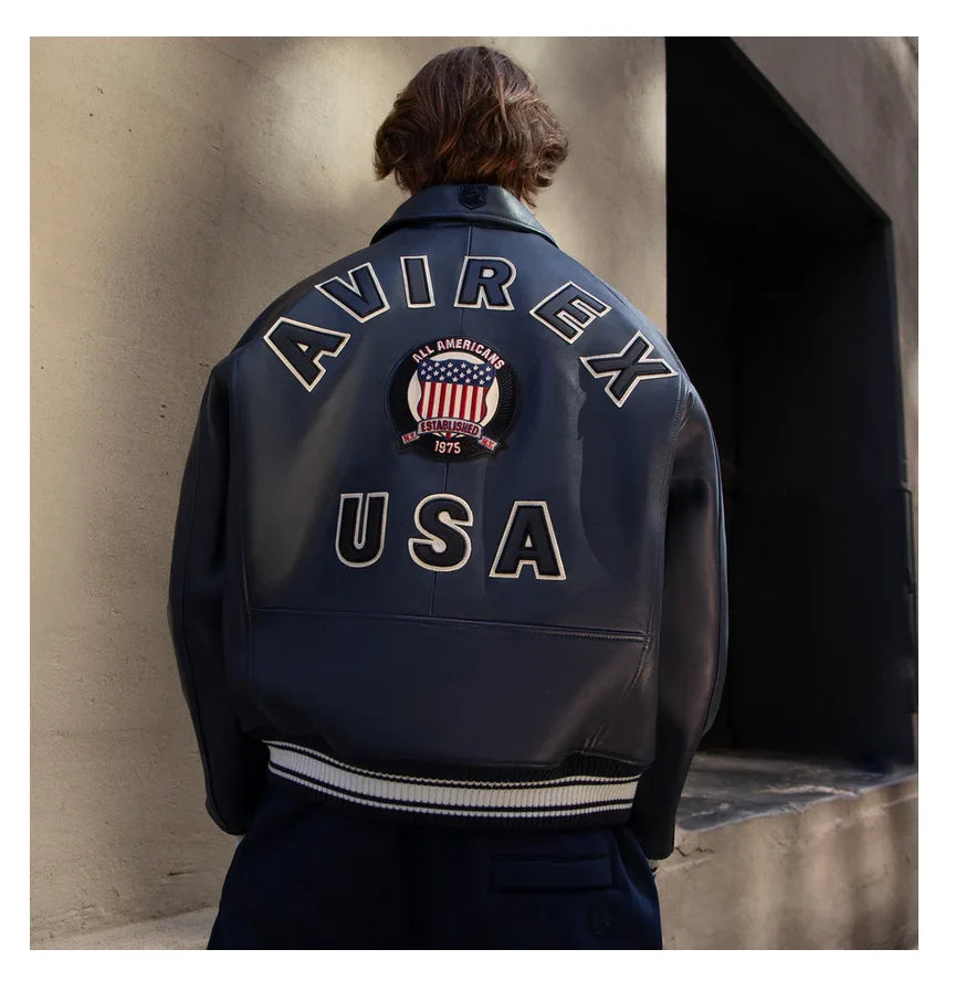 AVIREX Fall New ICON JACKET Sheepskin Leather Jacket Men's Bomber Flight Suit Embroidered Jacket Casual Top US Size Loose Fit