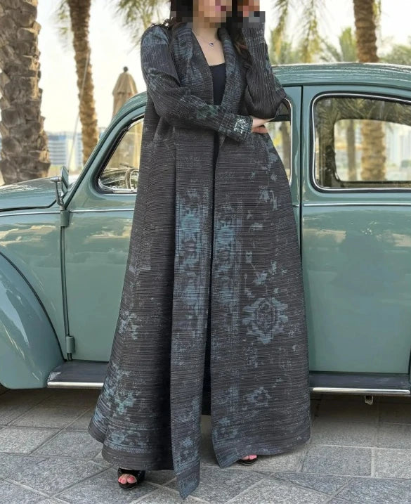 KAF Pleated Women Trench Coat Vintage Printed Cardigan Design Loose Plus Size Women Long Dress Dubai Female Luxury Abaya 2024