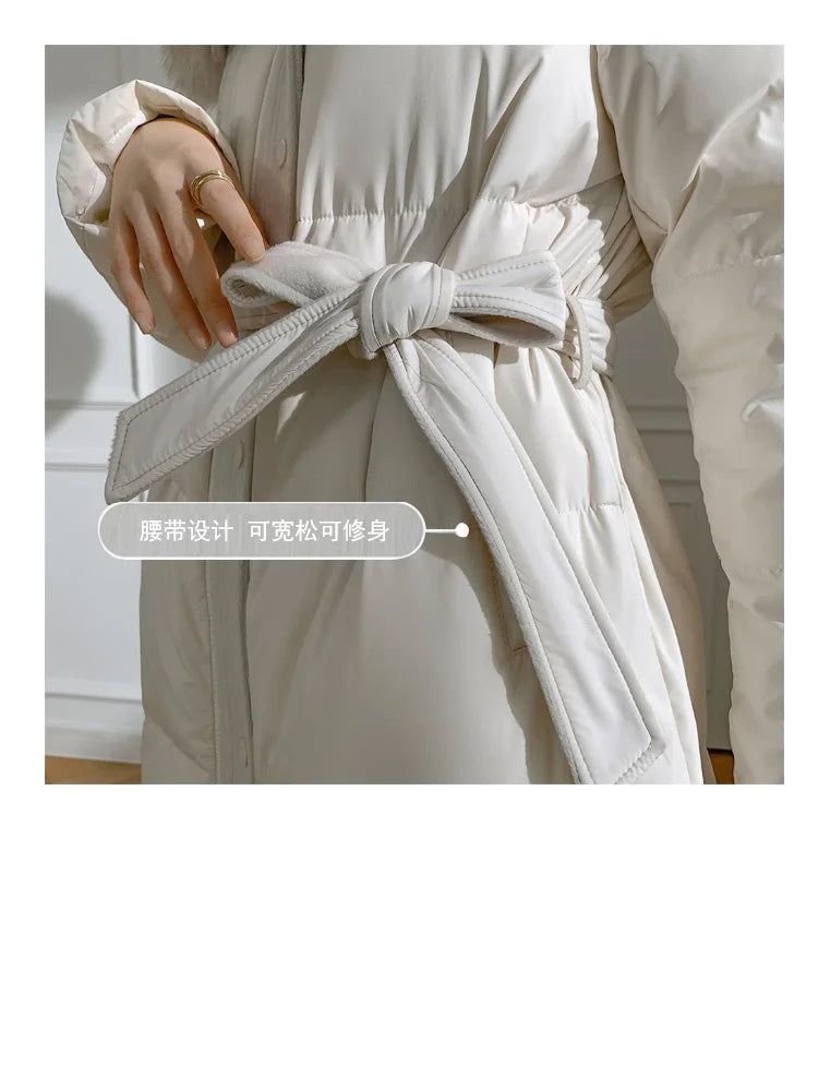 Women’s Luxury White Goose Down Coat – Hooded Long Jacket with Fox Fur Collar & Belt