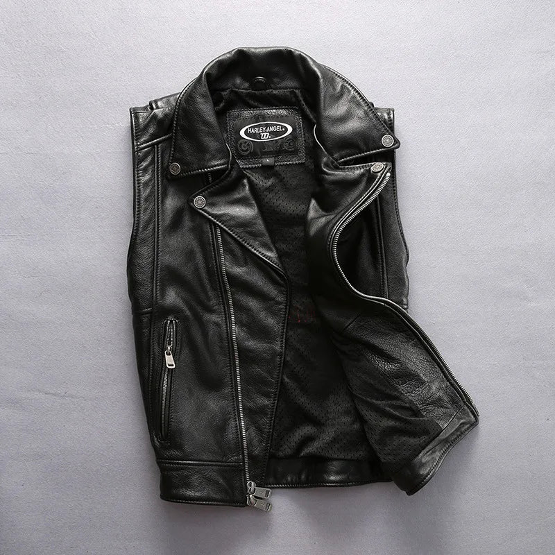 Slim street leather undershirt casual head layer cowhide vest men women couple models motorcycle sleeveless jacket