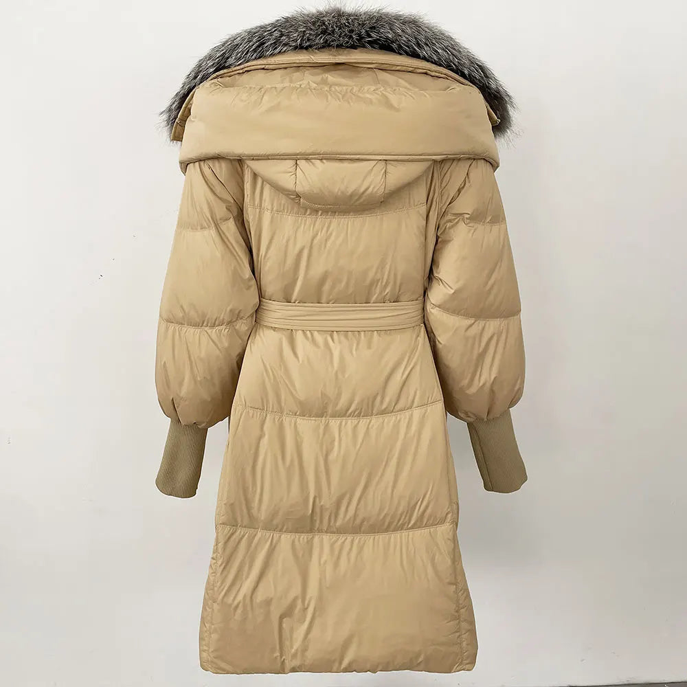 2025 Autumn Winter Women Coat Real Natural Fox Fur Long Down Jacket Thick Warm Casual Hooded White Duck Down Elegant Overwears