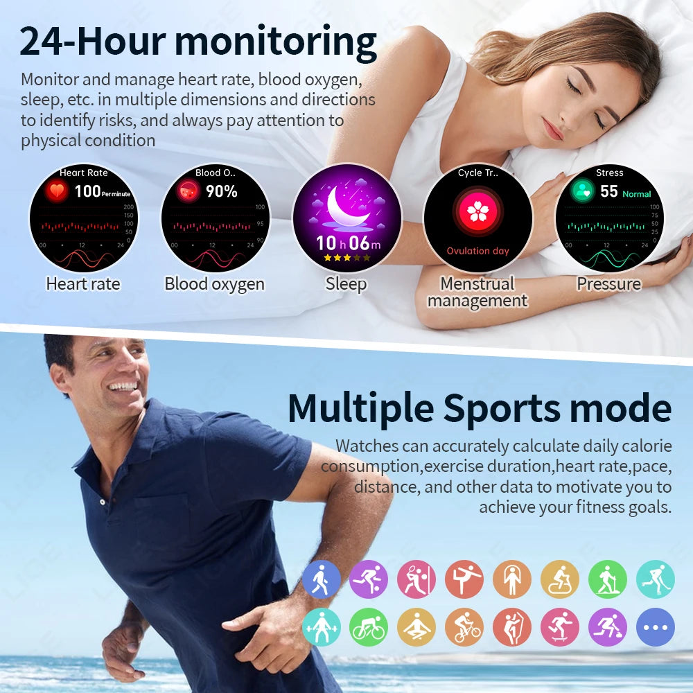 LIGE 2025 ECG Smart Watch Men 1.73” AMOLED Screen Emotional Detection Fatigue Monitoring Watches NFC Access Control Smartwatch