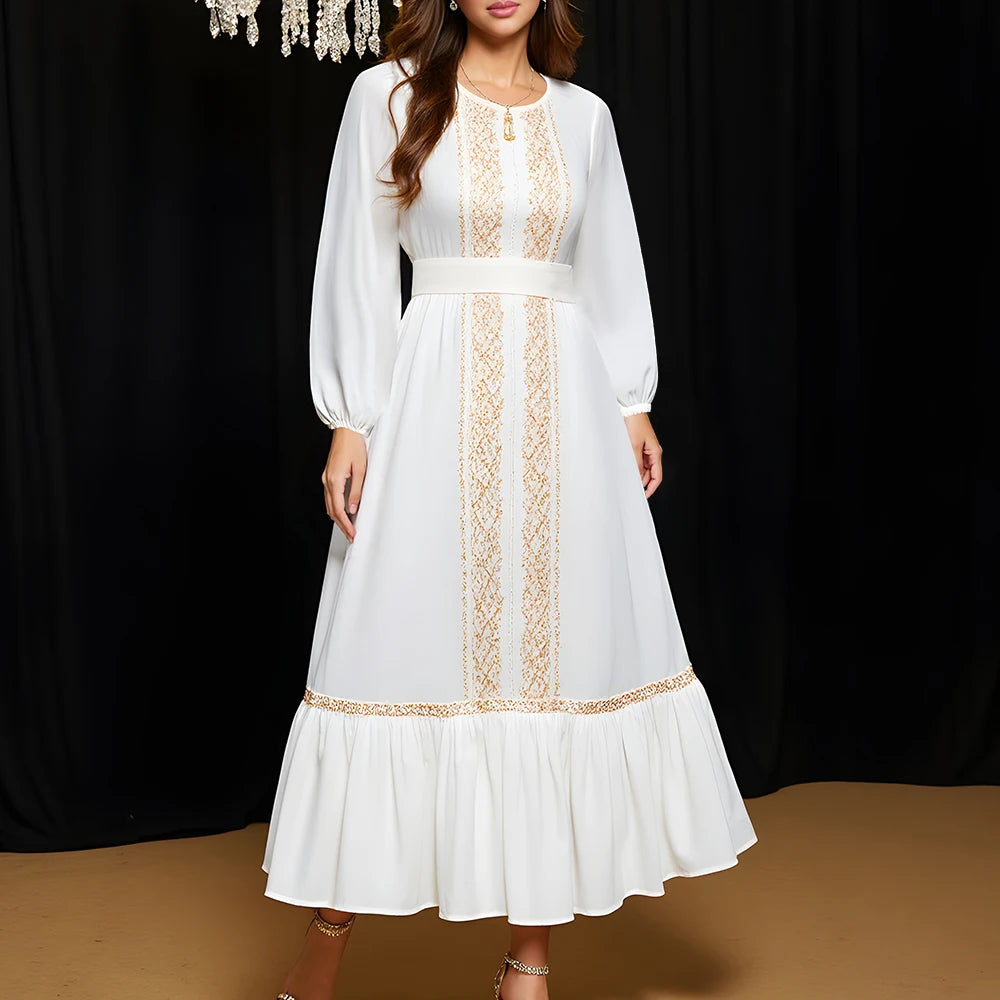 Rafiah Autumn Arabian Long Dress 2025 Elegant Daily Appliques Flounce Long Sleeve Crew Neck Midi A-Line Long Dress For Women
