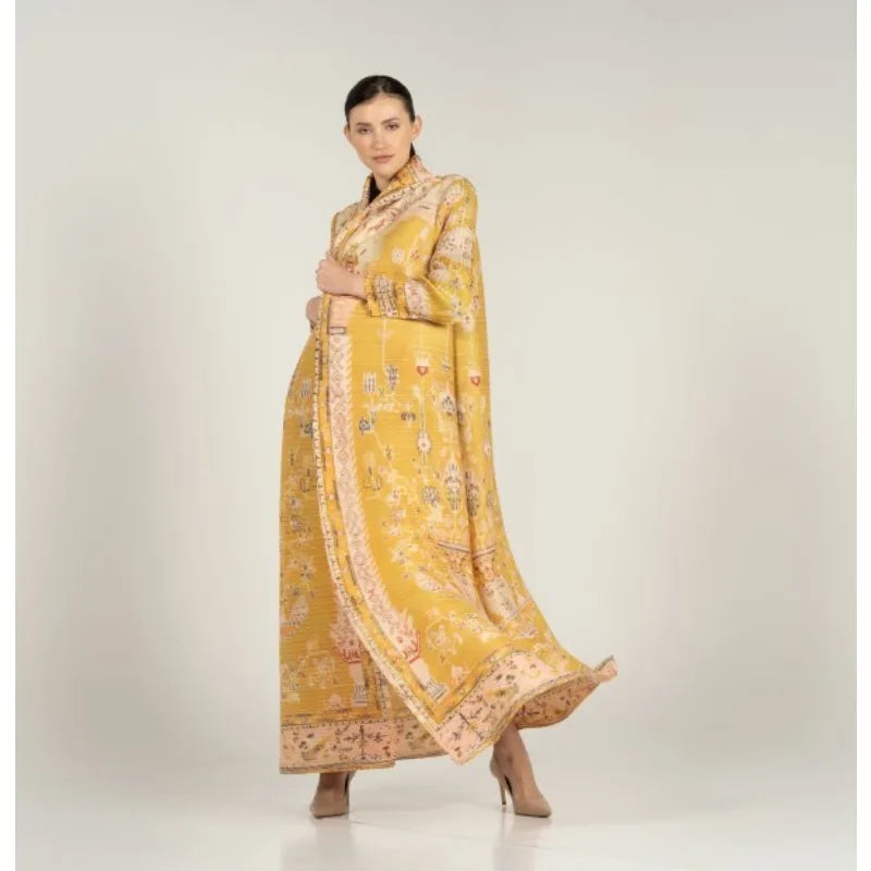 KAF Pleated Women Large Size Trench Coat 2024 Spring and Autumn New Vintage Printed Design Female Robe Arab Luxury Abaya