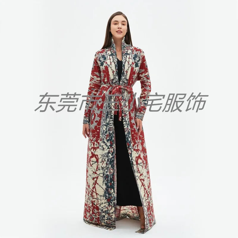KAF Pleated Women Loose Plus Size Trench Coat 2024 Autumn New Vintage Printed Cardigan Design Arab Female Luxury Abaya