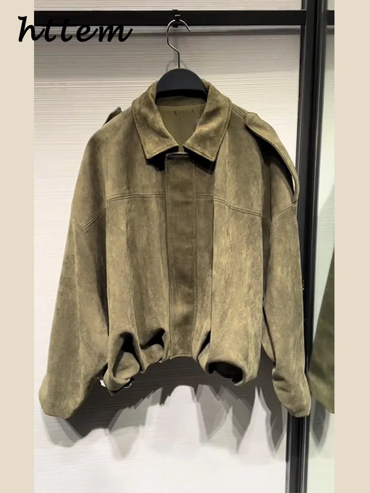 Street Women's Suede Bomber Jacket Fashion Lapel Zipper Full Sleeve Female Coats 2025 Spring Lady Casual Commute Vintage Outwear