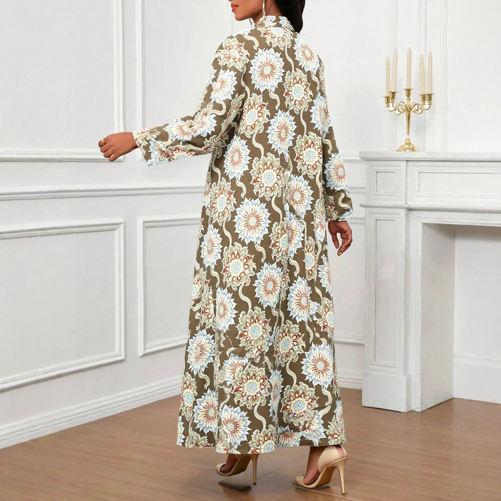 Rafiah Women's Summer Long Dress 2025 Arabian Dress Cultural V-Neck Long Sleeve A-Line Maxi Floral Print Casual Dress