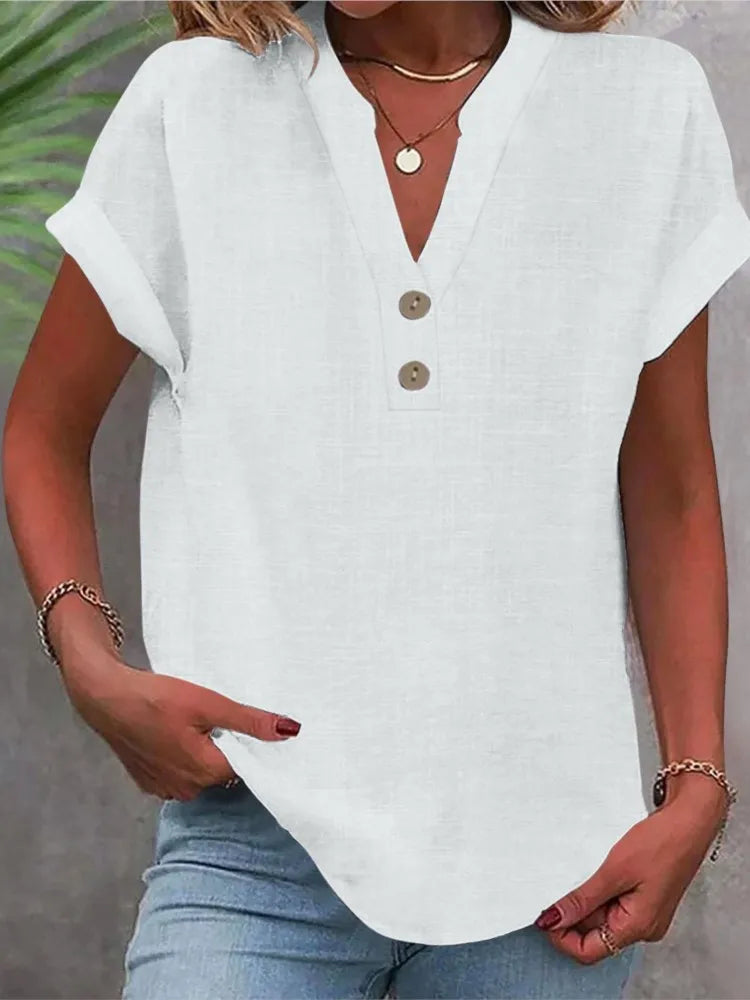 Cotton Linen Short Sleeved Breathable Shirt Summer Solid Color Fashion Stand Up Collar Button Down Women's Casual Office Shirt
