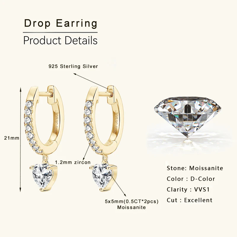 Lnngy 5x5mm Heart Cut Pendant Moissanite Earring 925 Sterling Silver Dangle Earrings For Women Lovers' 2024 Trending Jewelry