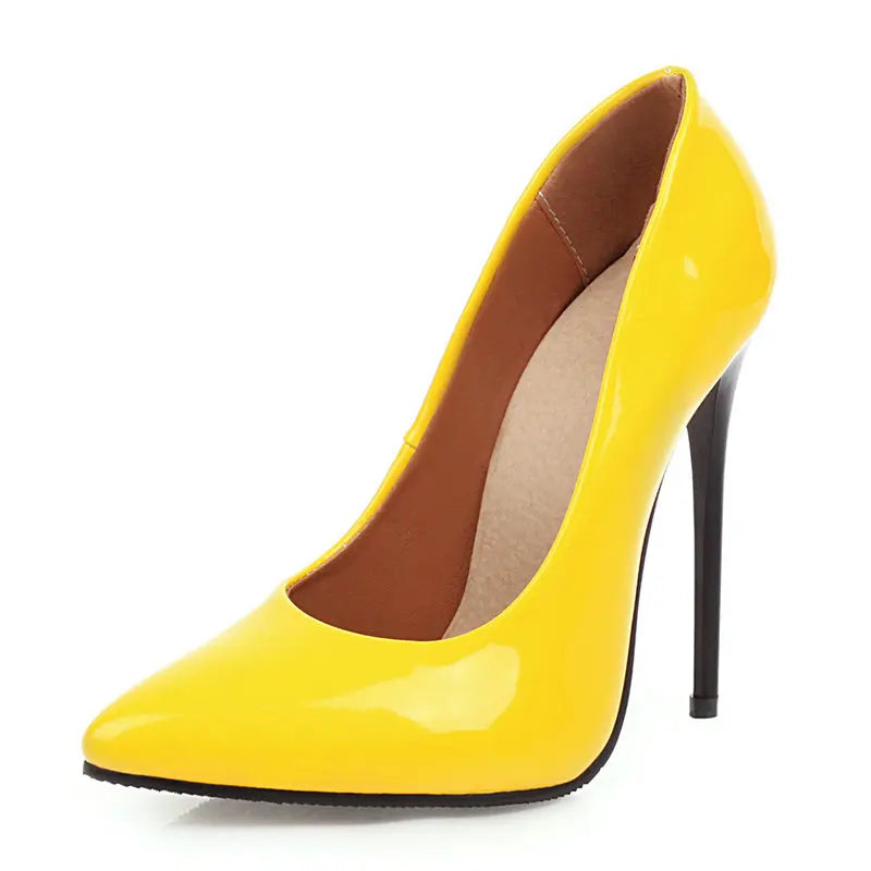 Women’s Pumps Classic Sexy Thin High Heels 12cm Patent Leather Stiletto Pointed Toe Party Elegant Office Shoes Big Size 34-48