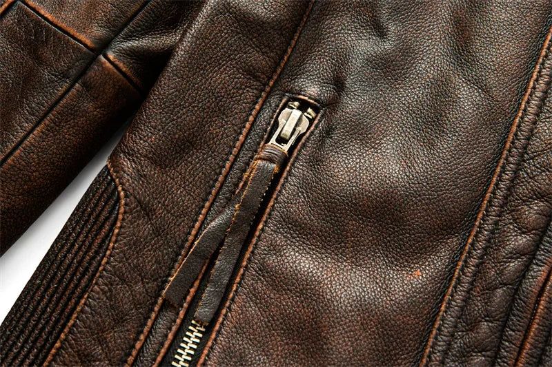 Men's Natural Leather Jacket First Layer Calfskin Stand Collar Motorcycle Jacket Retro Brown Cowhide Jacket Men‘s Biker Clothes