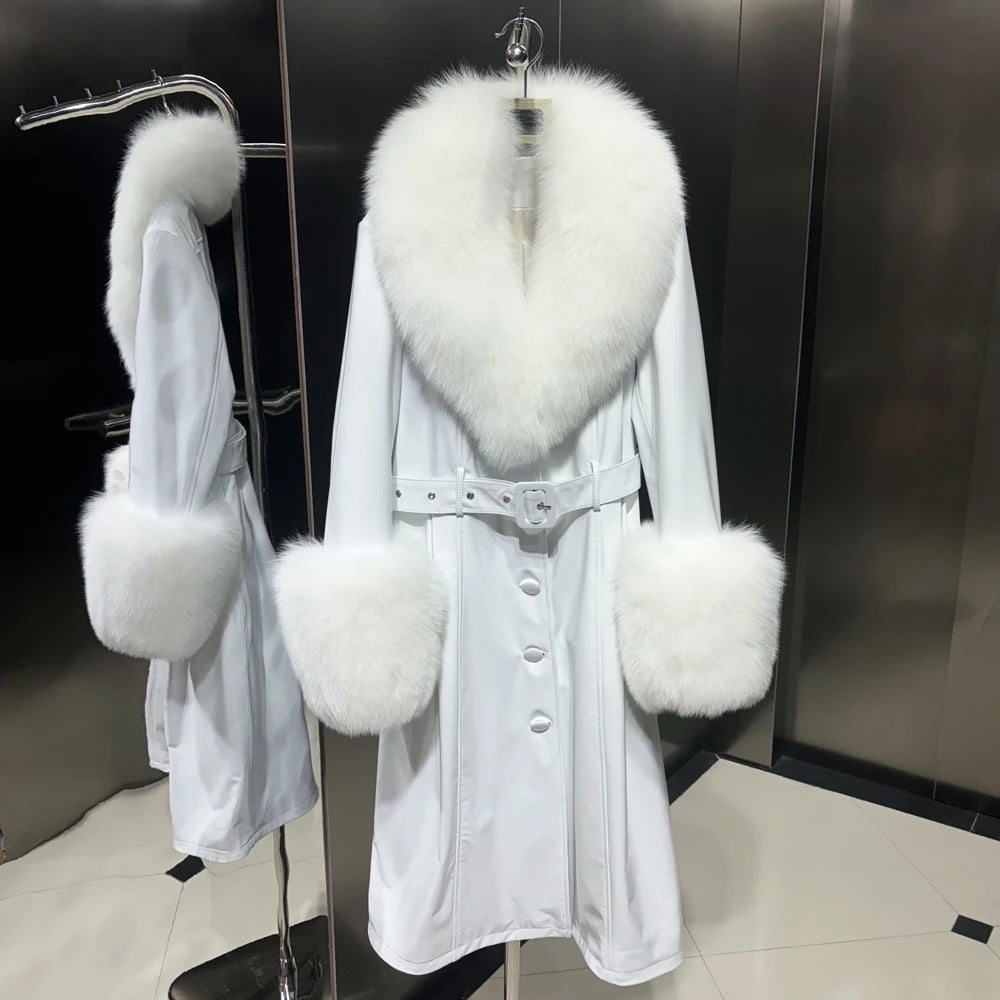 Black Leather Jacket With Fox Fur Collar Real Sheepskin Long Leather Jackets Leather Jacket Women 2025 Winter
