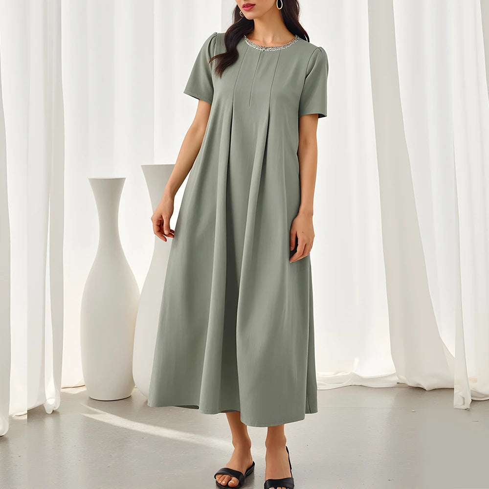 Rafiah Women's Dresses Summer Comfortable Elegant 2025 Plain Minimalism Short Sleeve Round Neck A-Line Midi Vacation Dresses