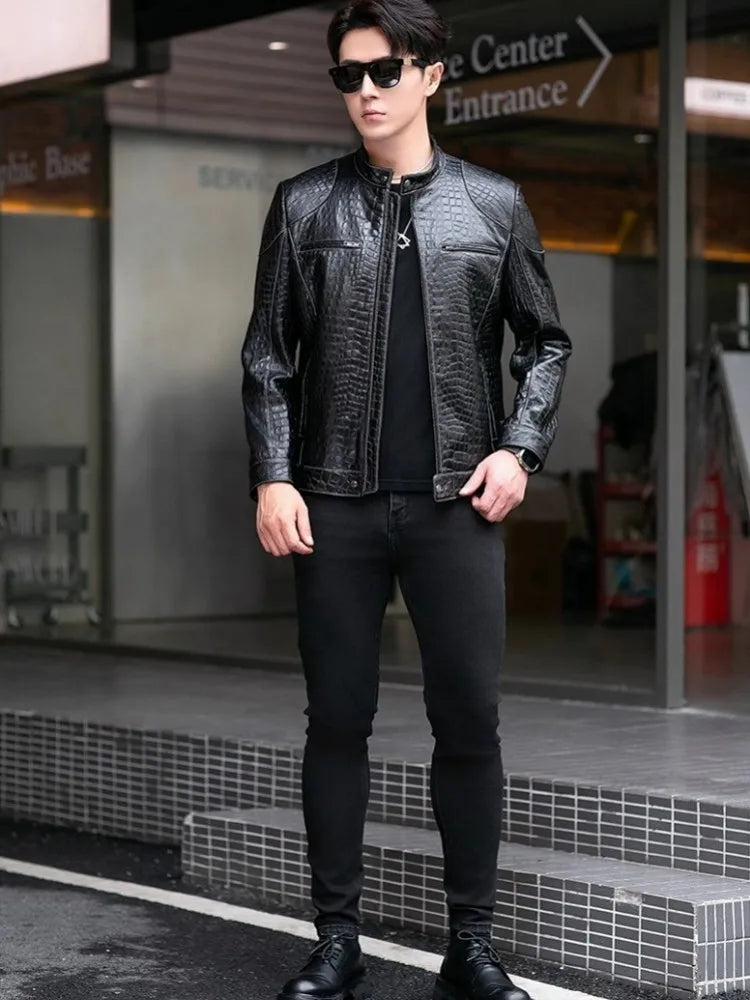 Males Luxury Natural Sheepskin Crocodile Pattern Jacket Stand Collar Slim Fit Straight Autumn Genuine Leather Motorcycle Jackets