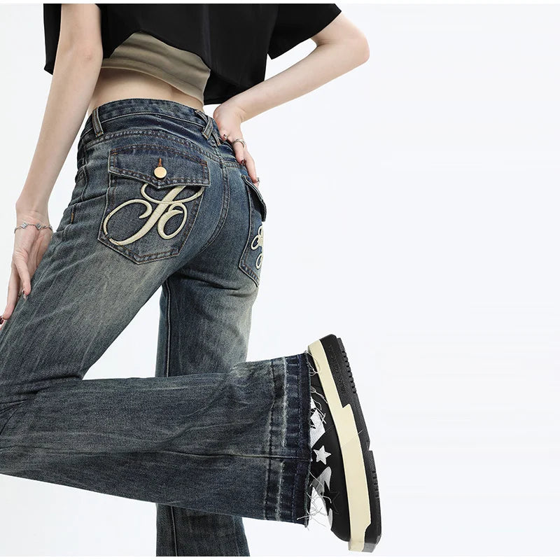 Vintage Women's Denim Low Rise Slightly Flared Jeans Pant Retro Pattern Printed Trendy Skin Fit Casual Daily Streetwear Trousers