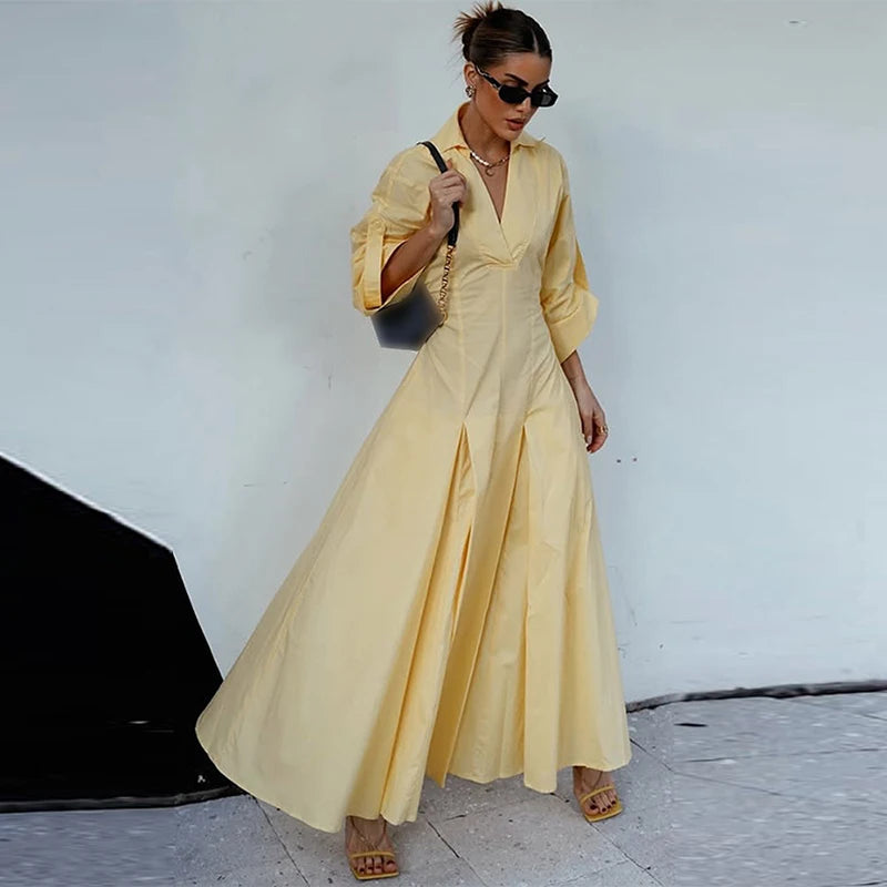 Elegant Lapel Waist-Cinched Pleated Shirt Dress – Women’s Half Sleeve Floor-Length Summer Style