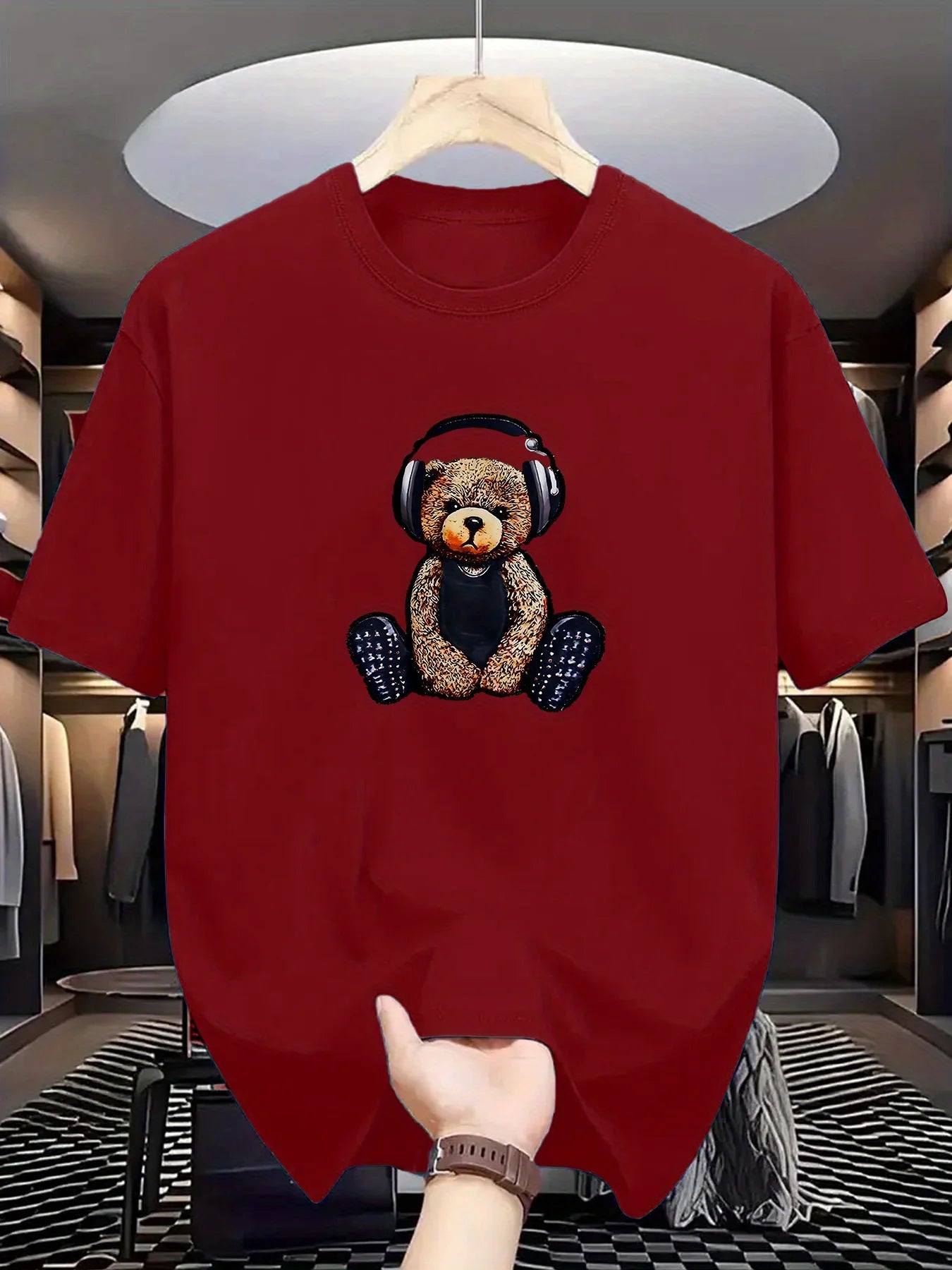 Men's Summer 100% Cotton Fashionable Casual Sports Loose Teddy Bear Headphones Print Round Neck Short Sleeve T-shirt Top