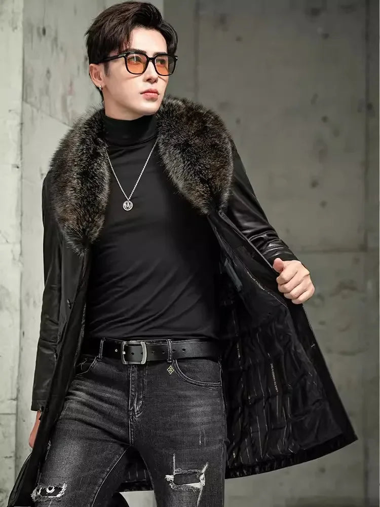 Men Luxury Business Winter Work Mid Long Thick Warm Down Coat Fur Collar Single Breasted Sheepskin Genuine Leather Jacket Trench