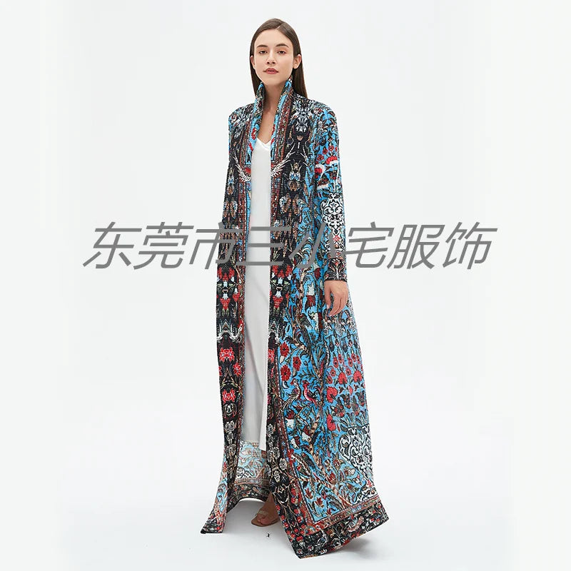 KAF Pleated Women Loose Plus Size Trench Coat 2024 Autumn New Vintage Printed Cardigan Design Arab Female Luxury Abaya
