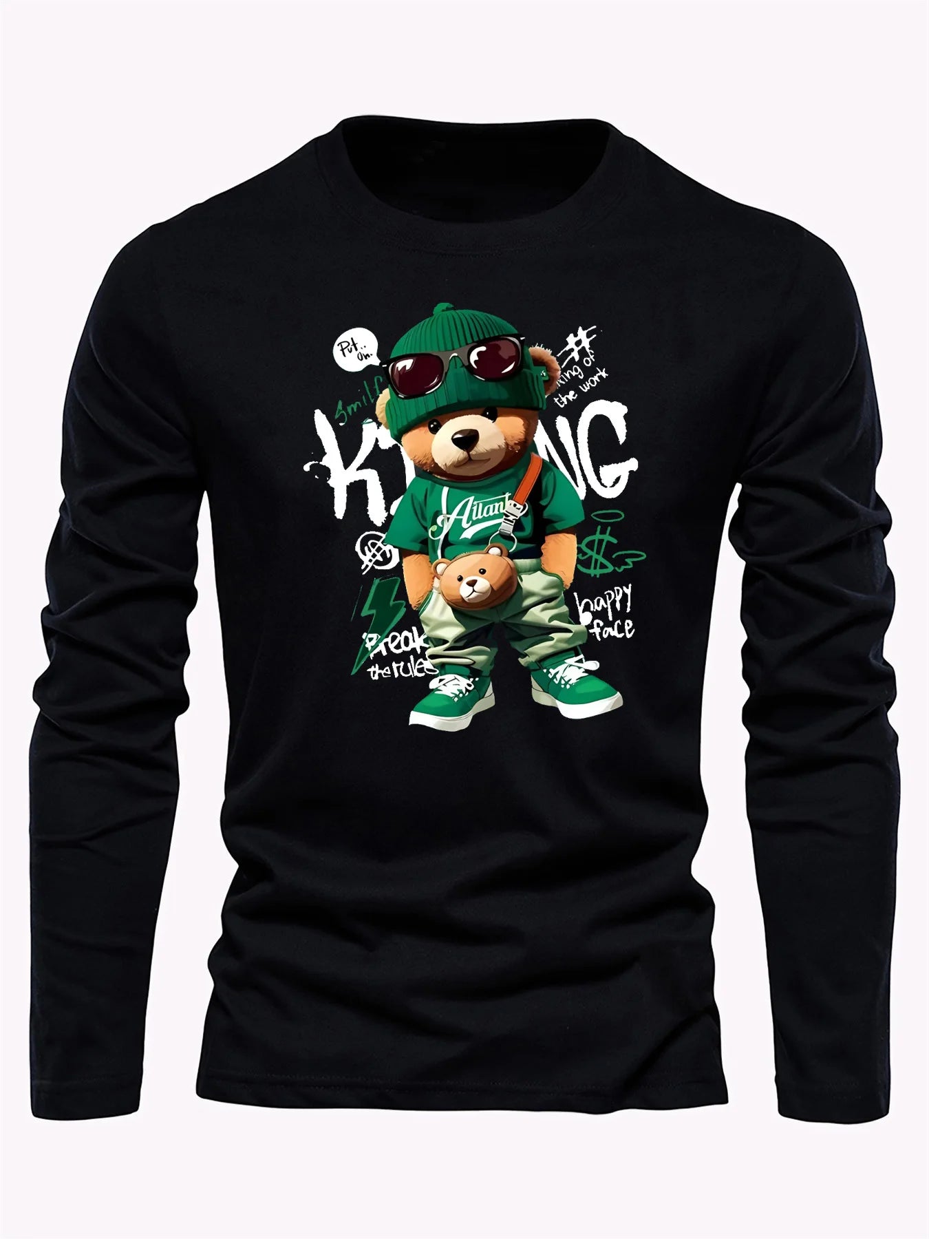 Men's 100% pure cotton loose and comfortable sports casual fashion cartoon bear print round neck long sleeved T-shirt top
