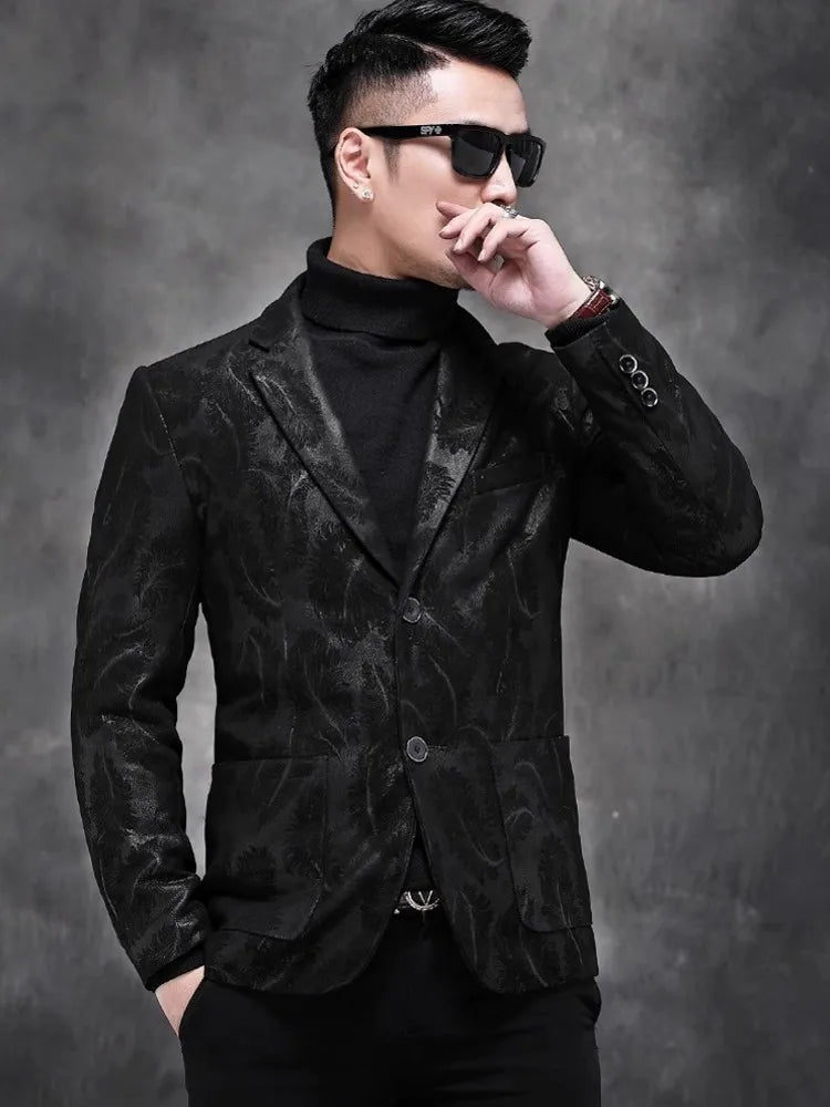 Business Men Work Slim Fit Real Sheepskin Genuine Leather Jacket Spring Autumn Floral Printed Single Breasted Blazer Suit Coat