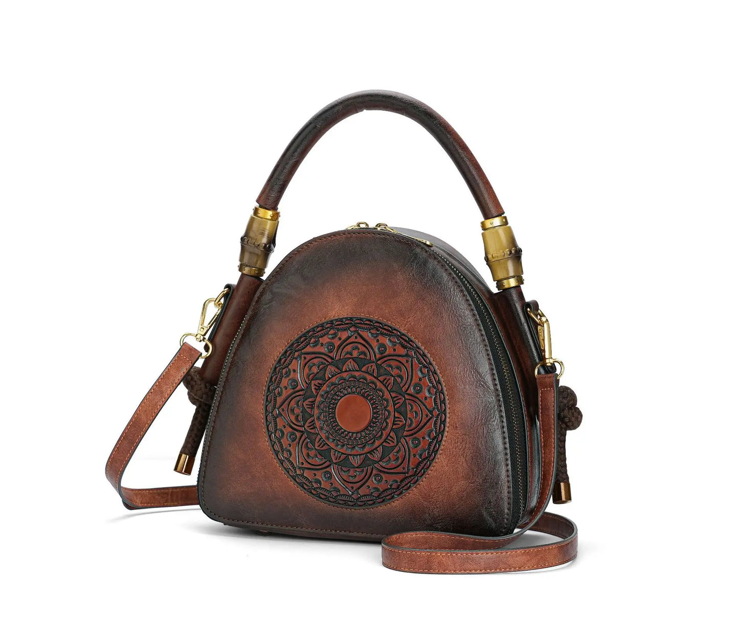 MOTAORA Bamboo Top Handle Embossed Leather Shoulder Bag, Vintage Bohemian Crossbody Purse for Women Handmade Large Capacity Tote