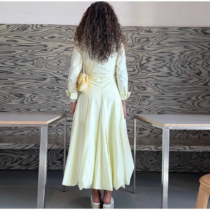 Elegant Lapel Waist-Cinched Pleated Shirt Dress – Women’s Half Sleeve Floor-Length Summer Style