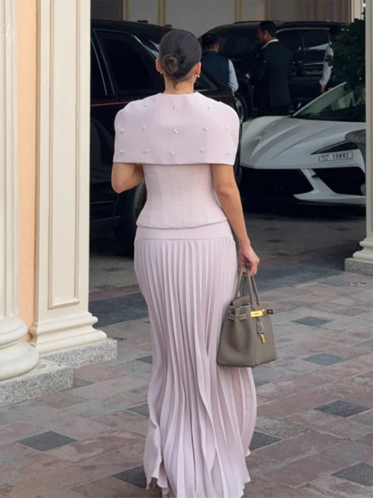 Elegant Shawl Pleated Diamonds Maxi Dress – Women’s Sleeveless High Waist Patchwork Evening Dress