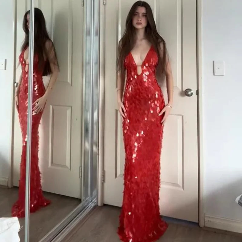 Glitter Sequins Spaghetti Strap Evening Gown – Women’s Sleeveless Backless Floor-Length Party Dress