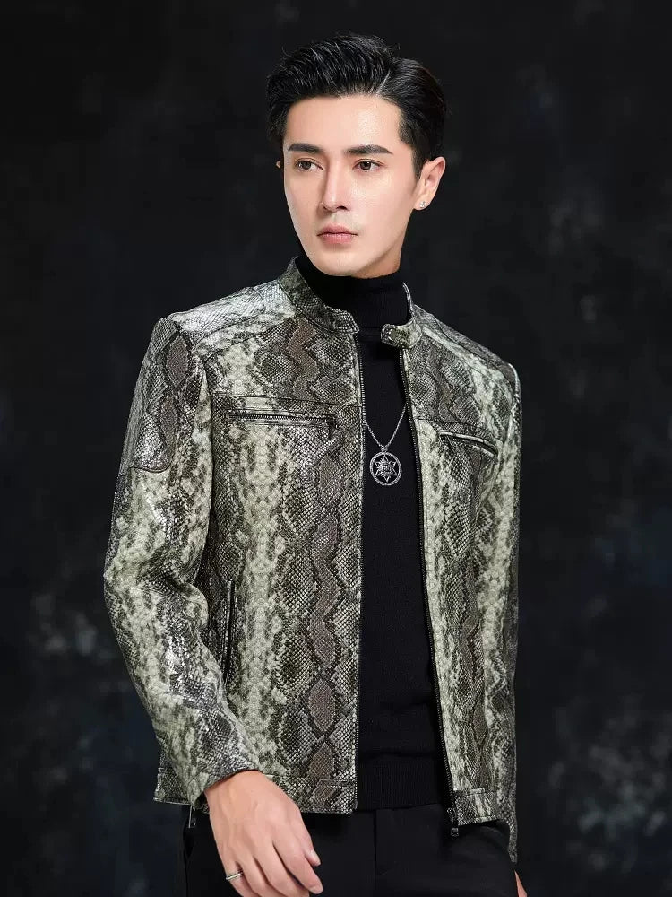 Men’s Python Pattern Sheepskin Leather Jacket – Slim Fit Stand Collar Moto Biker Coat
