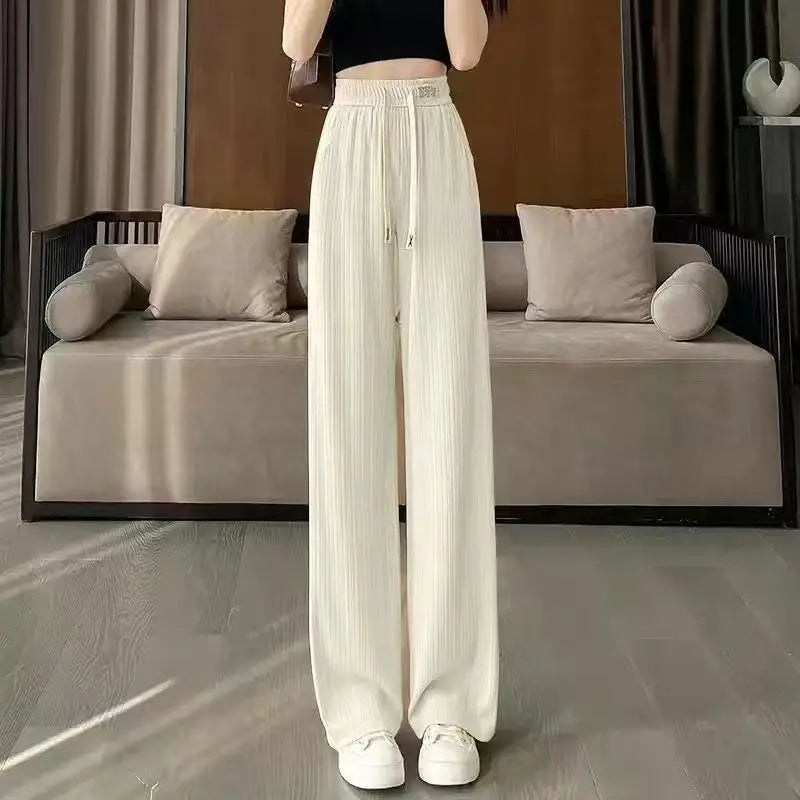 High Quali Ice Silk Wide Leg Pants Women's Straight Leg Casual Trousers Summer New Sle Trendy High Waist Nine Points