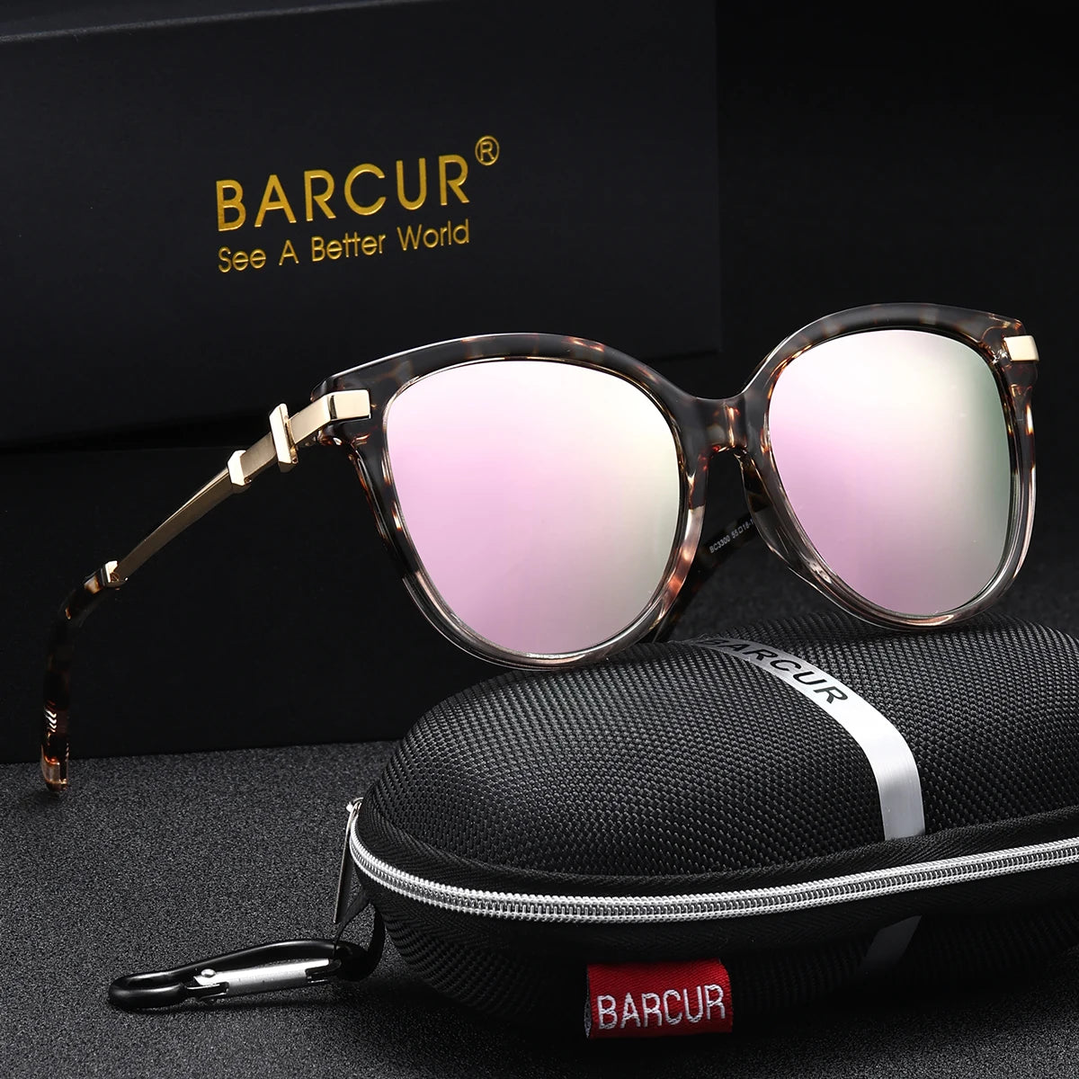 BARCUR Fashion Casual Women Sunglasses Retro Leopard Color Blocked PC Cat Eye Frame Alloy Mirror Legs UV400 Polarized Sunglasses