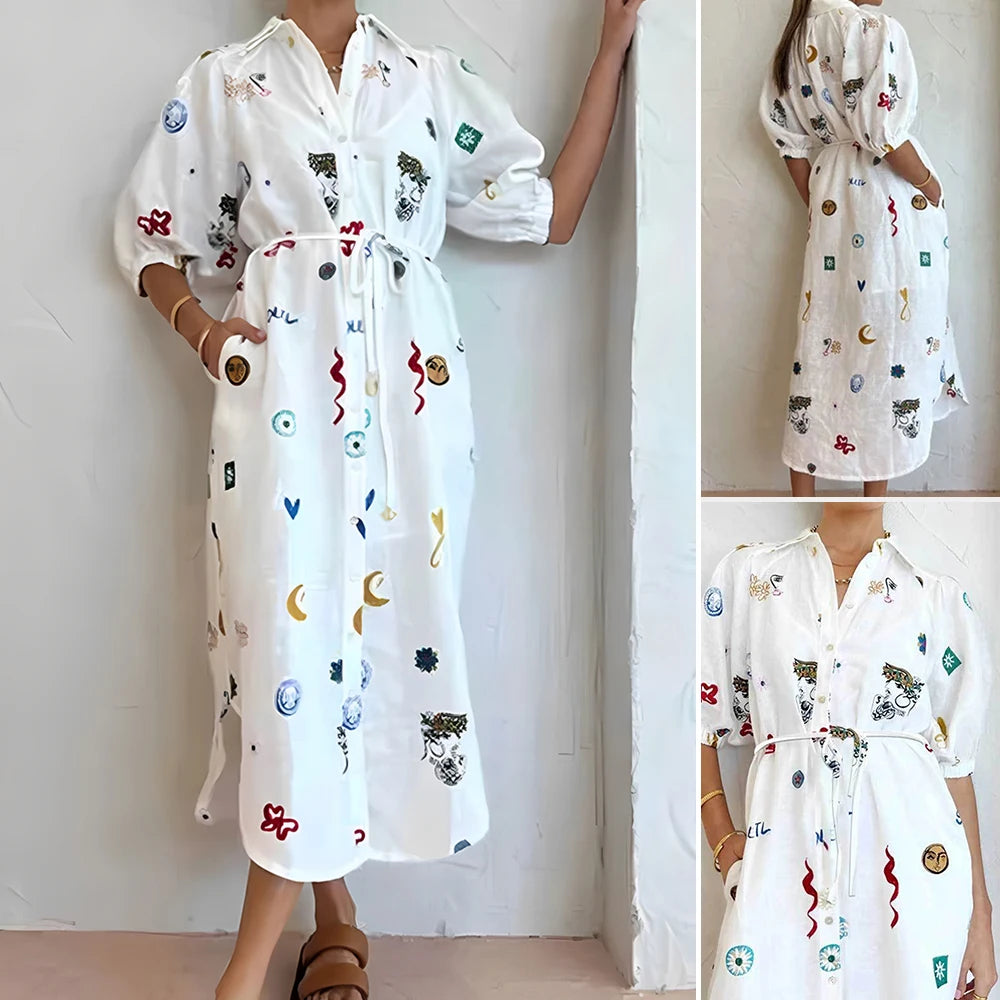 Rafiah Women's Summer Arabian Dress Comfortable Full Print Single Breasted Lace-Up Puff Sleeve Shirt Collar Midi Casual Arabian