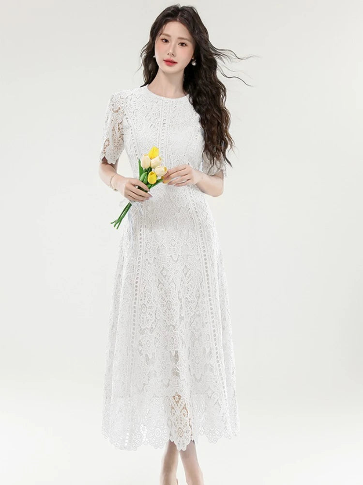 2025 New Summer French Elegant Fashion Evening Dress Women Lace Hollow Out Crochet Party Dress Casual Chic Holidays Clothing