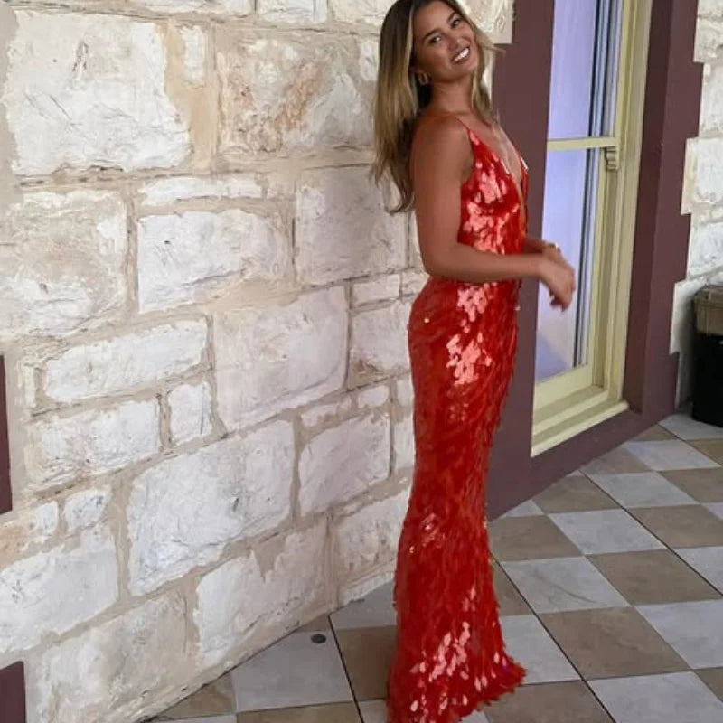 Glitter Sequins Spaghetti Strap Evening Gown – Women’s Sleeveless Backless Floor-Length Party Dress