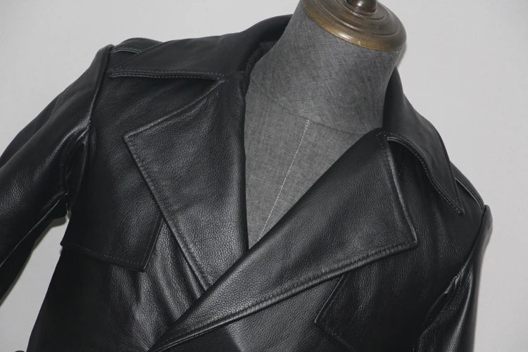 Men's Leather Trench Coat, Genuine Cowhide, Double Breasted, Extended Length Trench Long Coat Windproof Belt, Autumn Winter,6XL