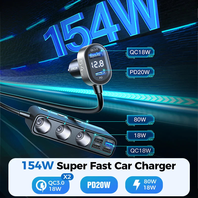 Joyroom 154W 9 in 1 Car Charger Adapter Charge Independent Switches DC Cigarette Outlet PD 3 Socket Cigarette Lighter Splitter