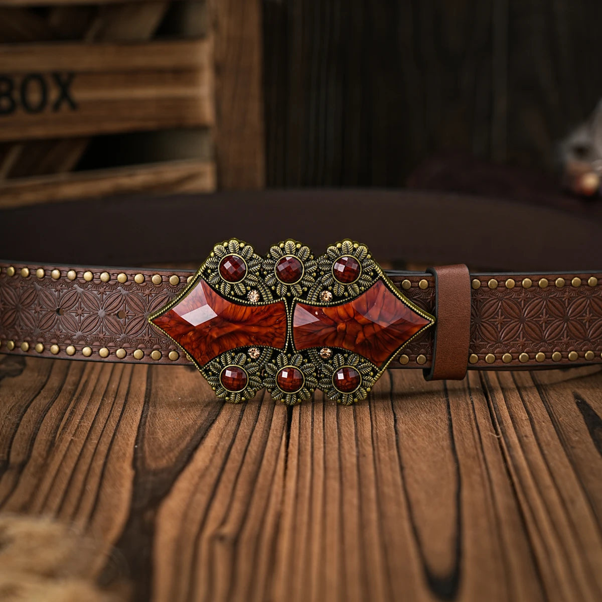 Men - Women - Western Denim - pu leather - Belt - Vintage jeans with floral carved buckle belt