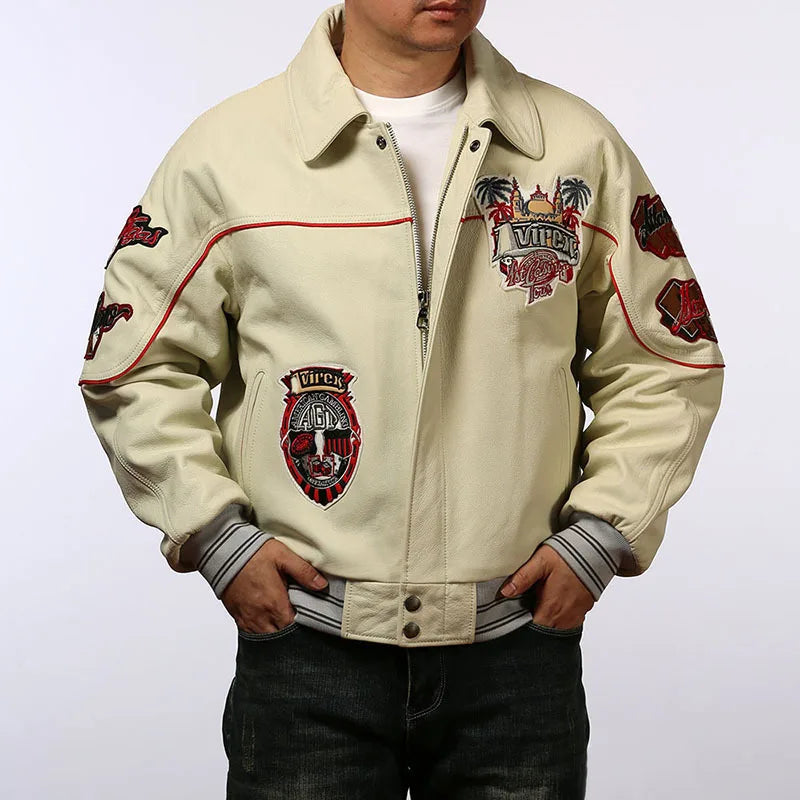 Men leather jacket sheepskin retro leisure Europe the United States large size flight suit loose version casino poker warm