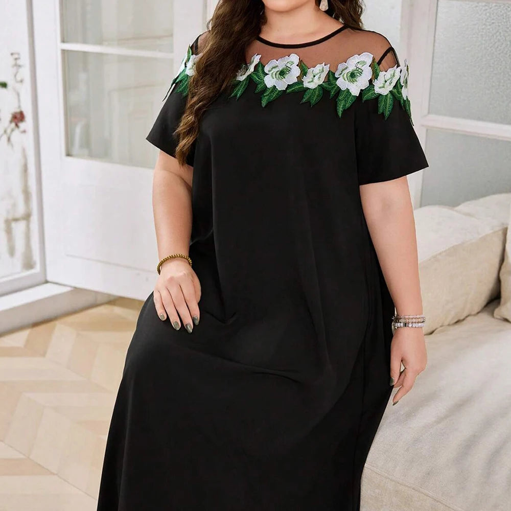 Plus Size Rafiah Women's Arabian Dress Summer Fashion Decent Floral Short Sleeve Round-Neck Midi Casual Shift Dresses