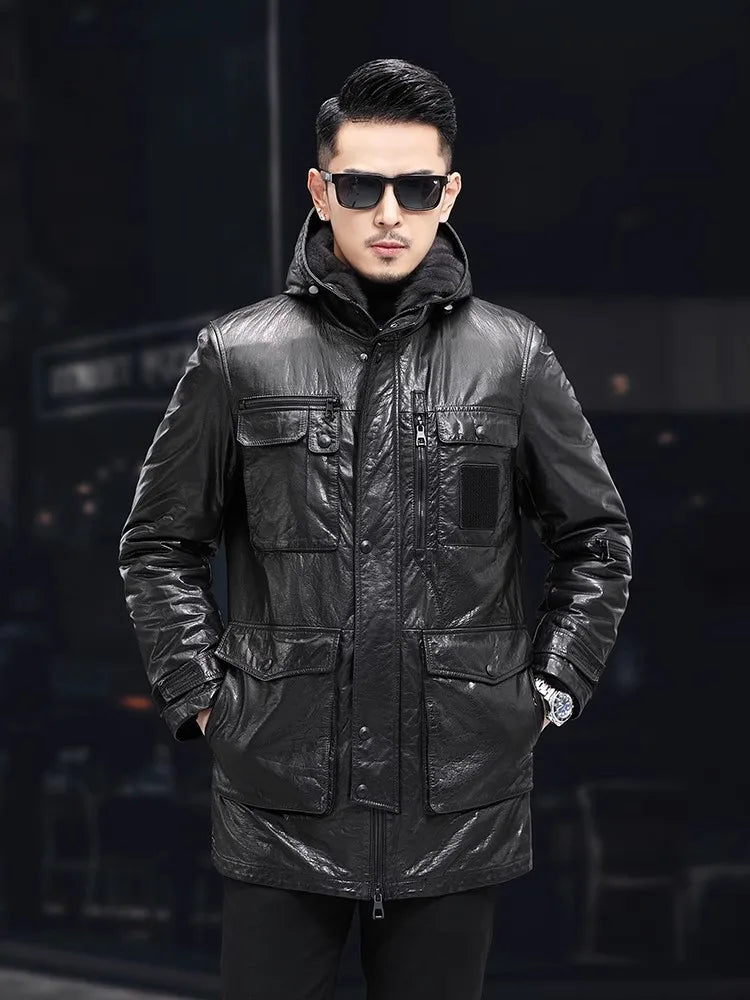 Men’s Oil Wax Cowhide Leather Jacket – Slim Fit Winter Cargo Coat with Mink Fur Lining & Hood